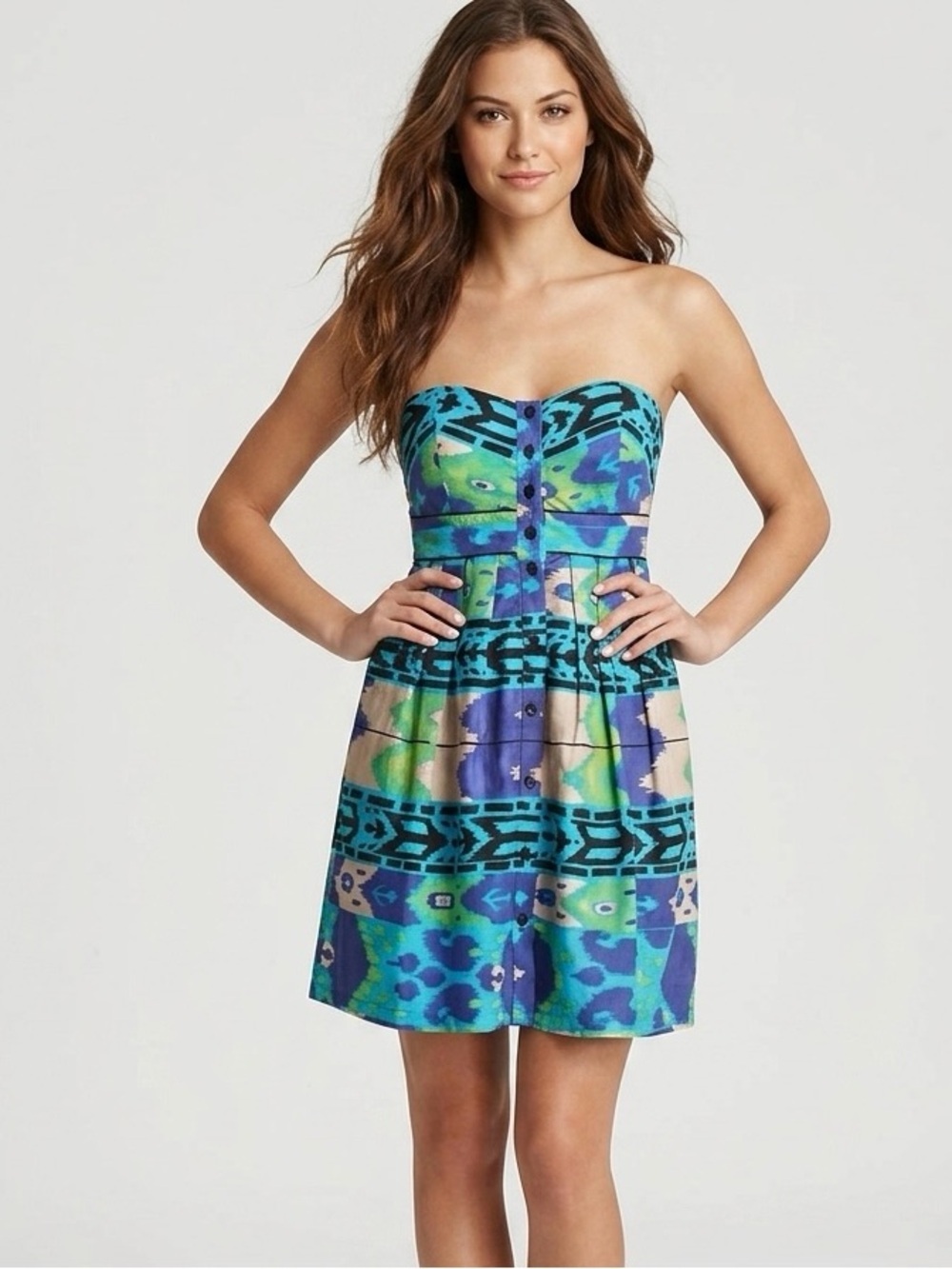 Xhilaration Strapless Turquoise, Blue & Green Patterned Sundress